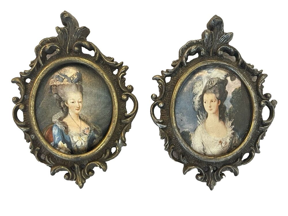 Pair Marie Antoinette Mini Portraits Silk Print Rococo Frame Italy VTG